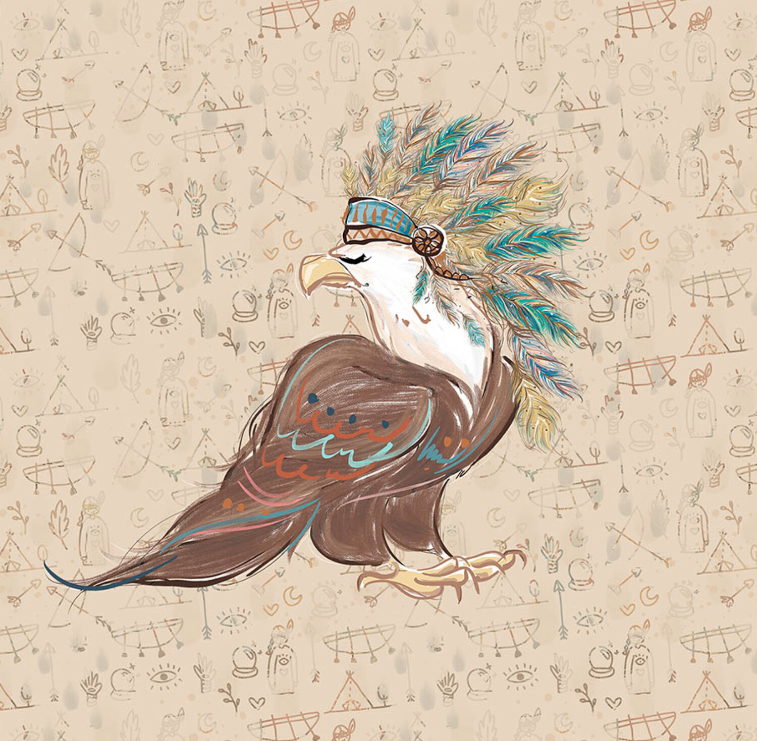 French Terry Panel - Adler Federn Braun Indianer