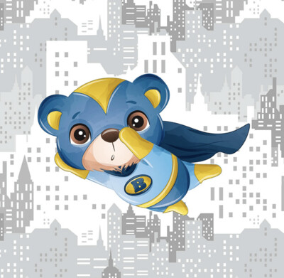 French Terry Panel - Superheld Teddy Bär gelb blau
