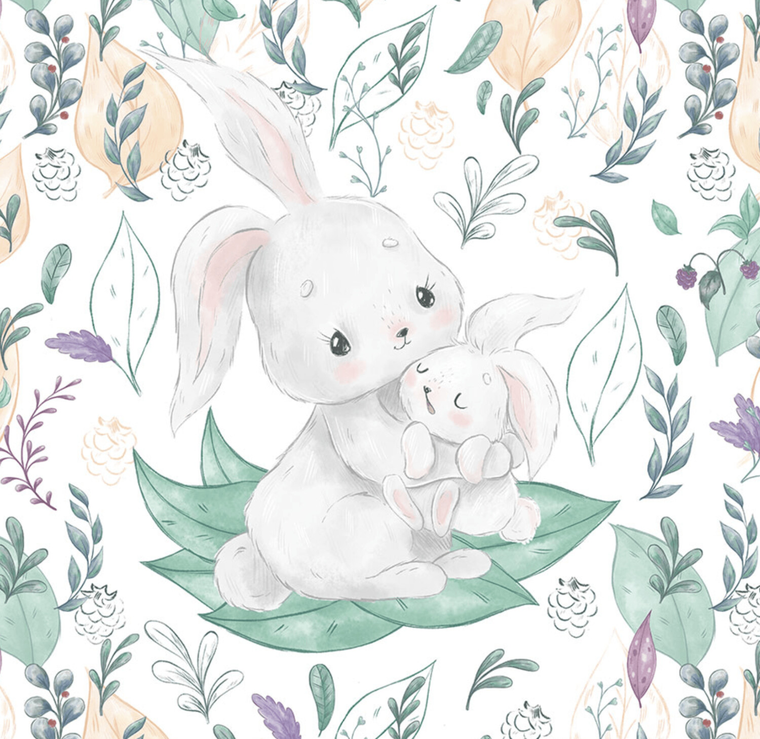 French Terry Panel - Hase mit Baby Blätter