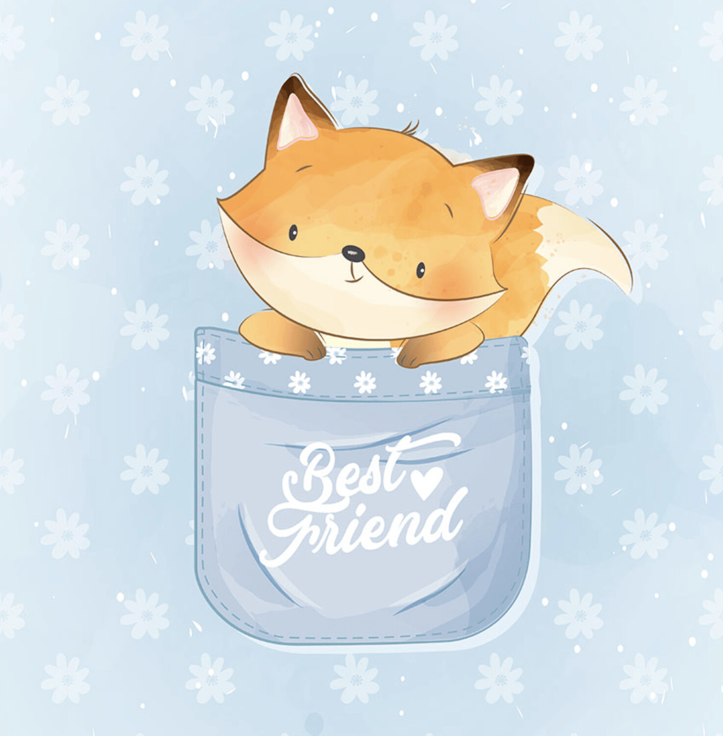 French Terry Panel - Fuchs Tasse Tasche "best friend" blau