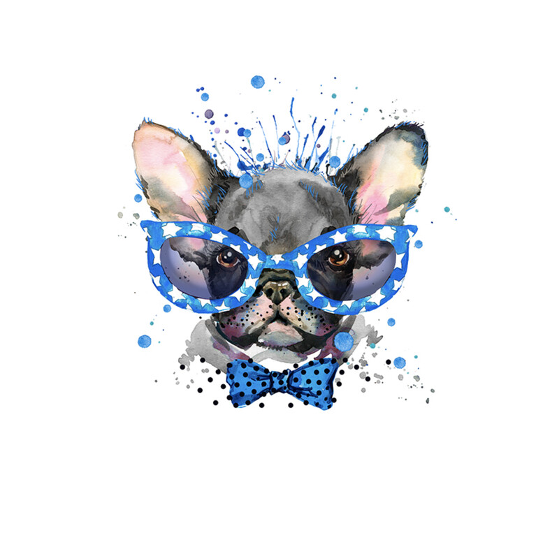 French Terry Panel - Französische Bulldogge Bully weiß blau Sterne Punkte