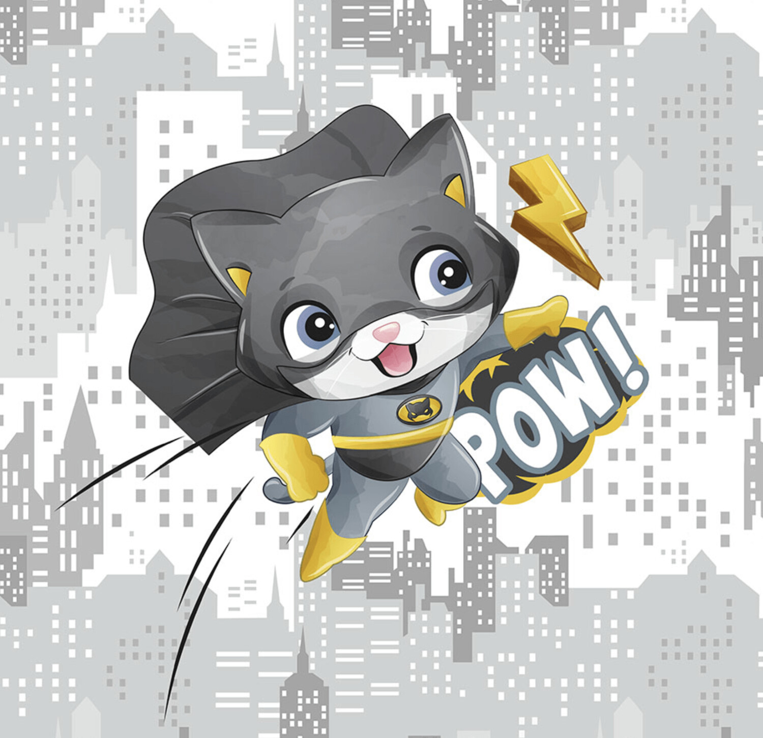 French Terry Panel - Superheld Katze grau gelb