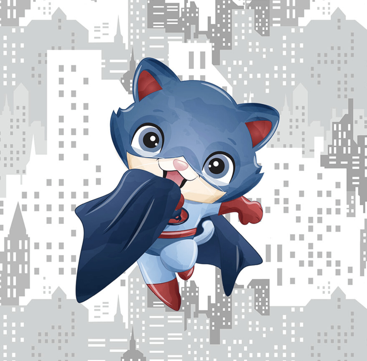 French Terry Panel - Superheld Katze blau rot