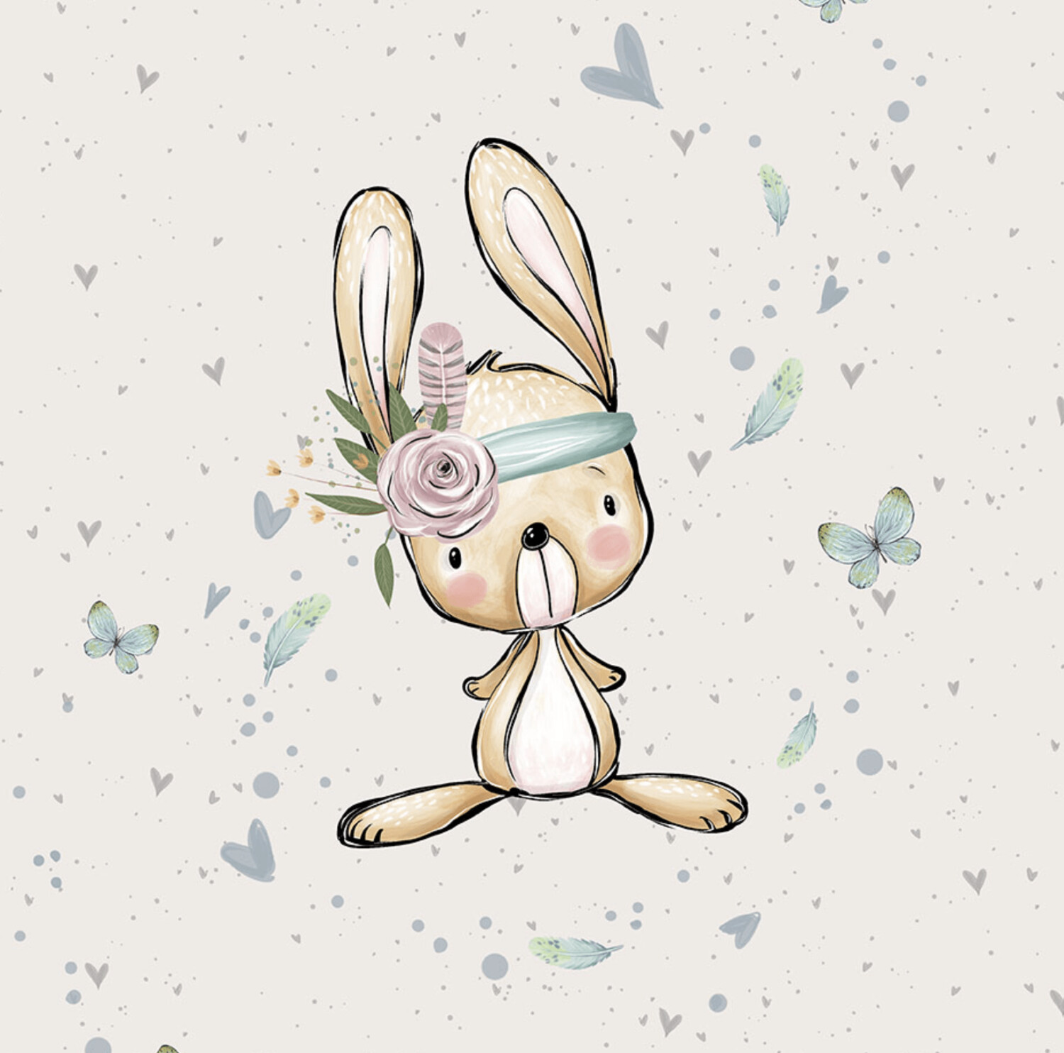 French Terry Panel - Hase Blume Schmetterling Beige