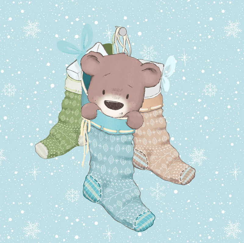 French Terry Panel - Bär in Socken Schneeflocken