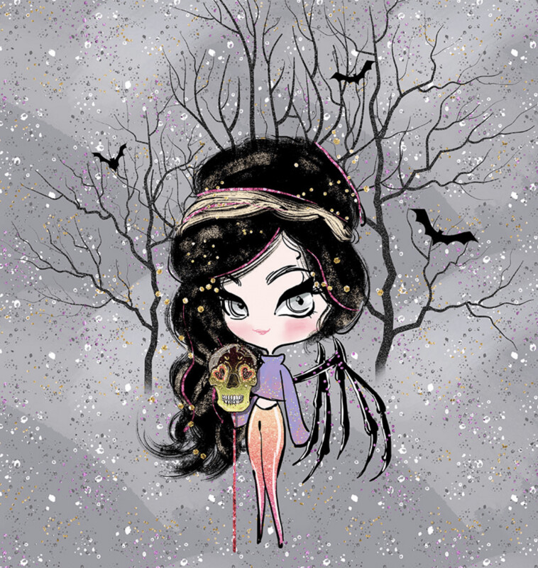 French Terry Panel - Halloween Mädchen Fledermaus Skull