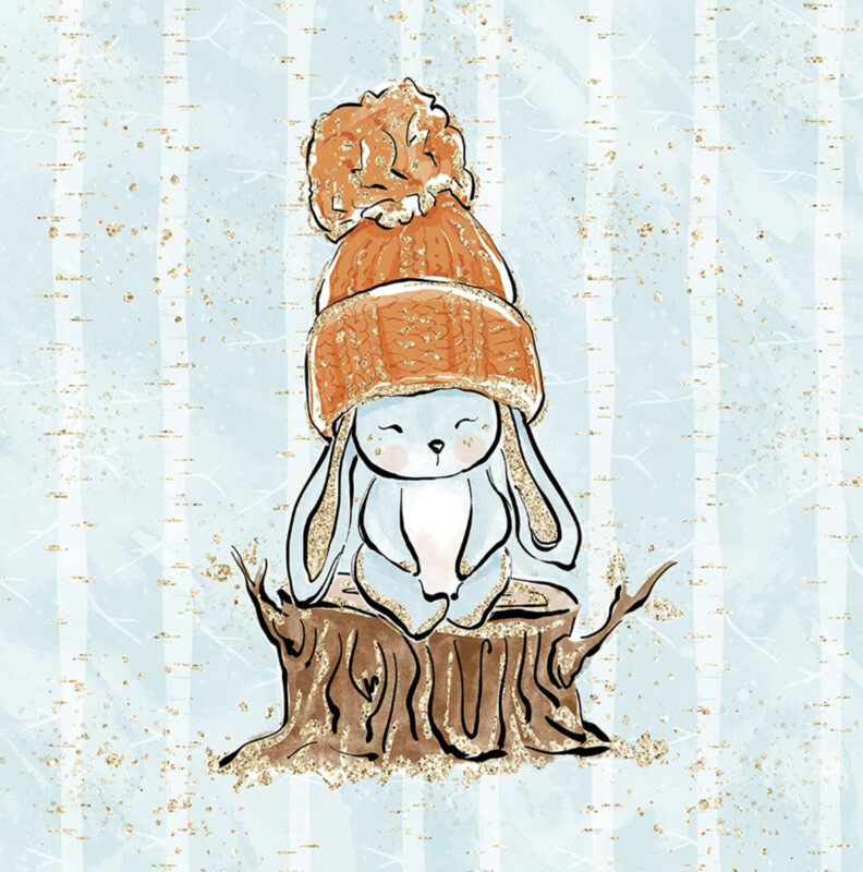 French Terry Panel - Hase mit Mütze mint senf