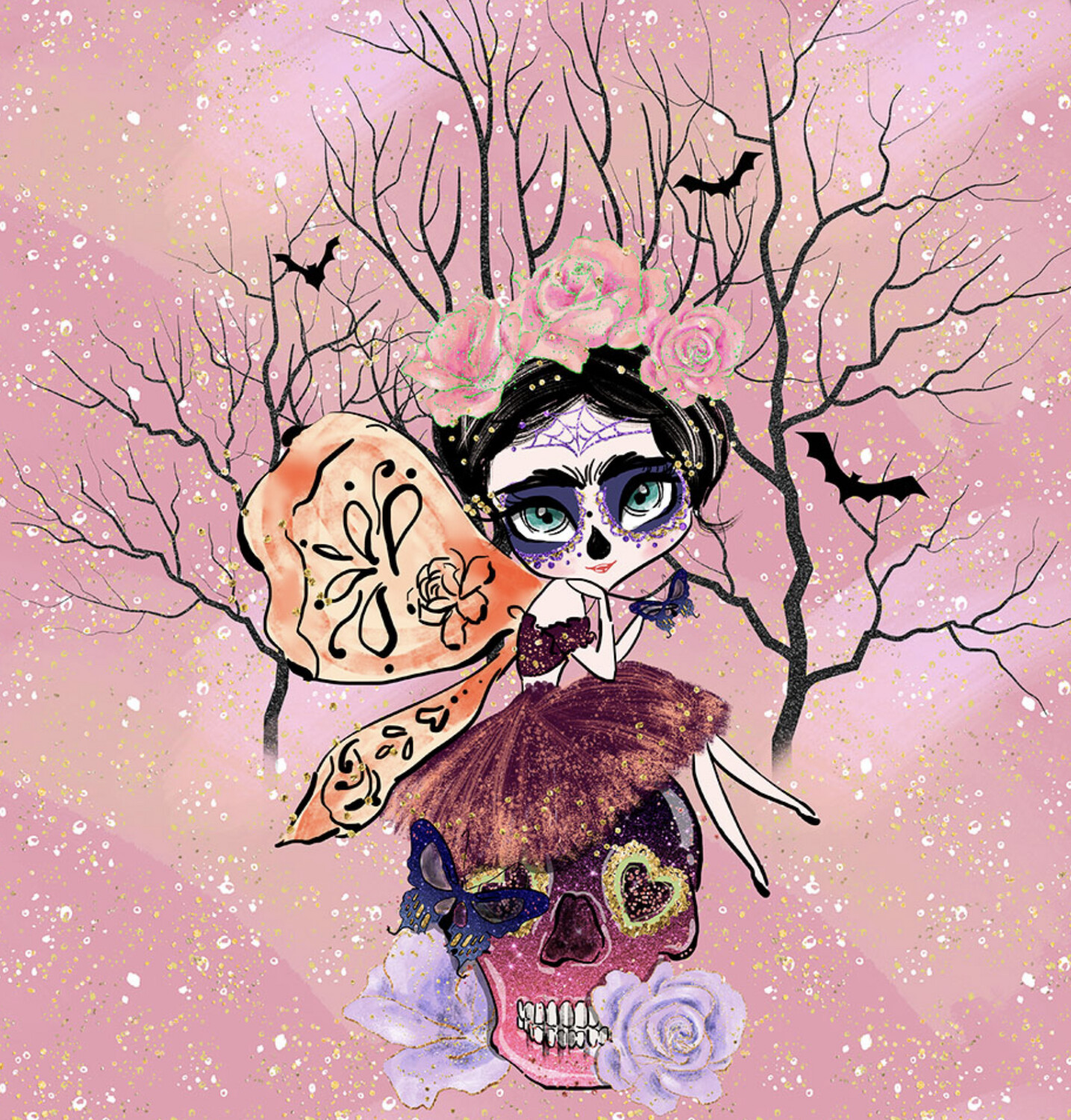 French Terry Panel - Fee Rosen Halloween Skull Fledermaus