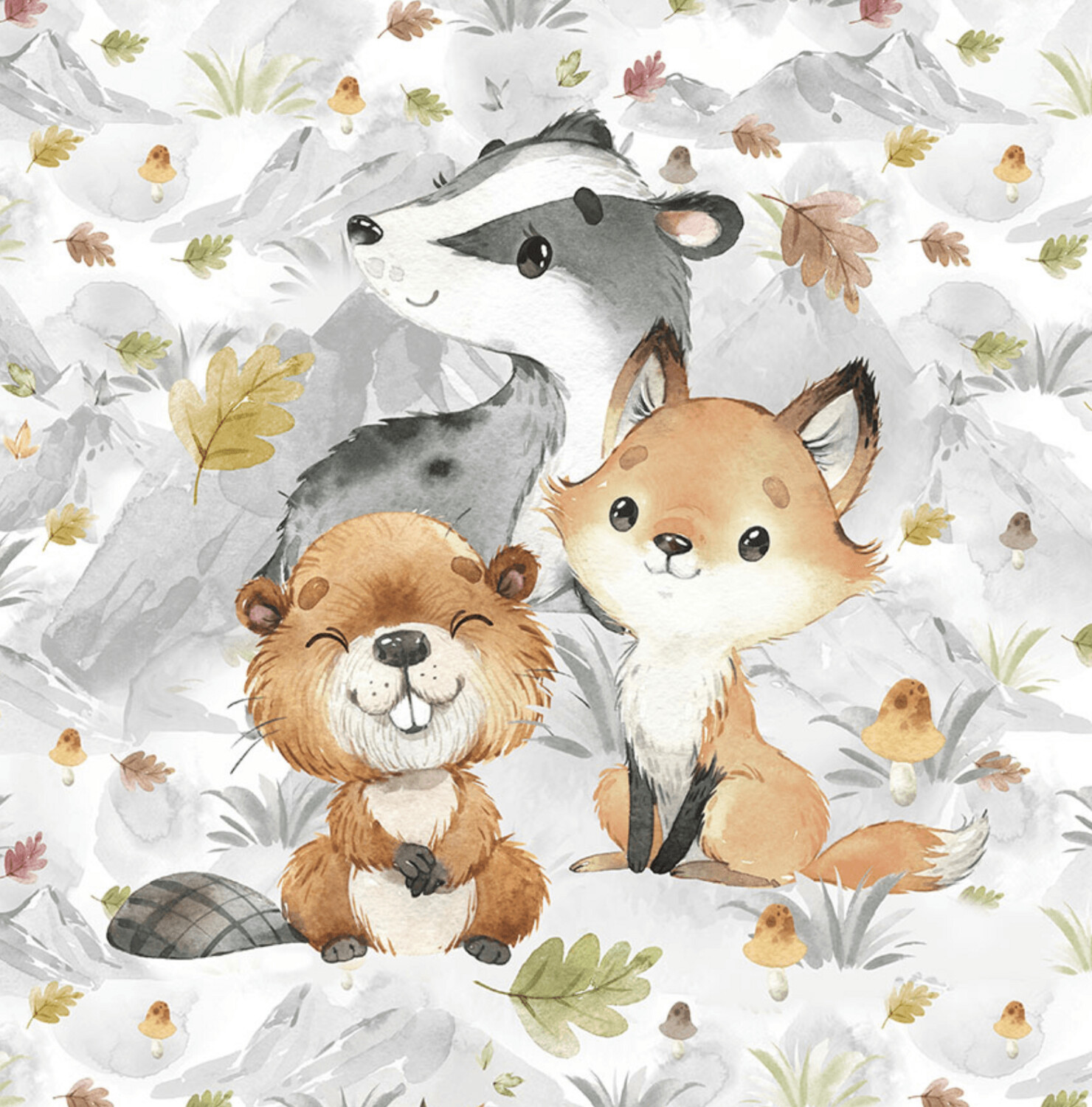 French Terry Panel - Waldtiere Herbst Blätter Dachs Biber Fuchs