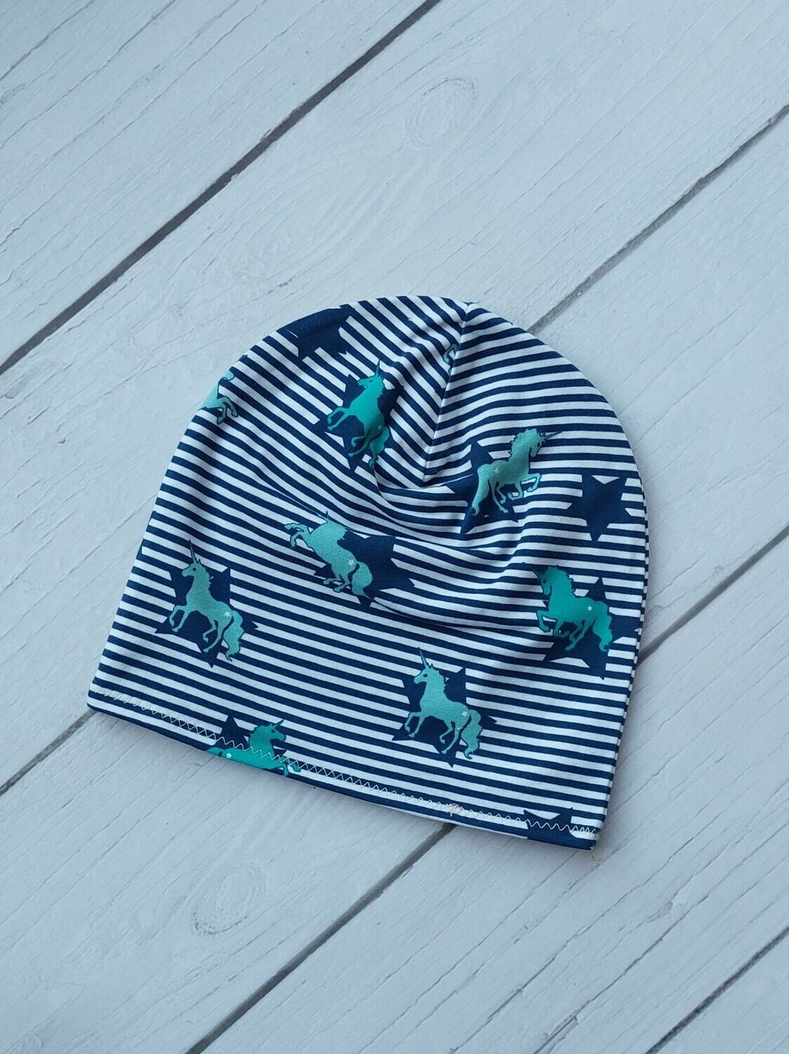 Leichte Beanie KU 40/44 - Einhorn Sterne Streifen
