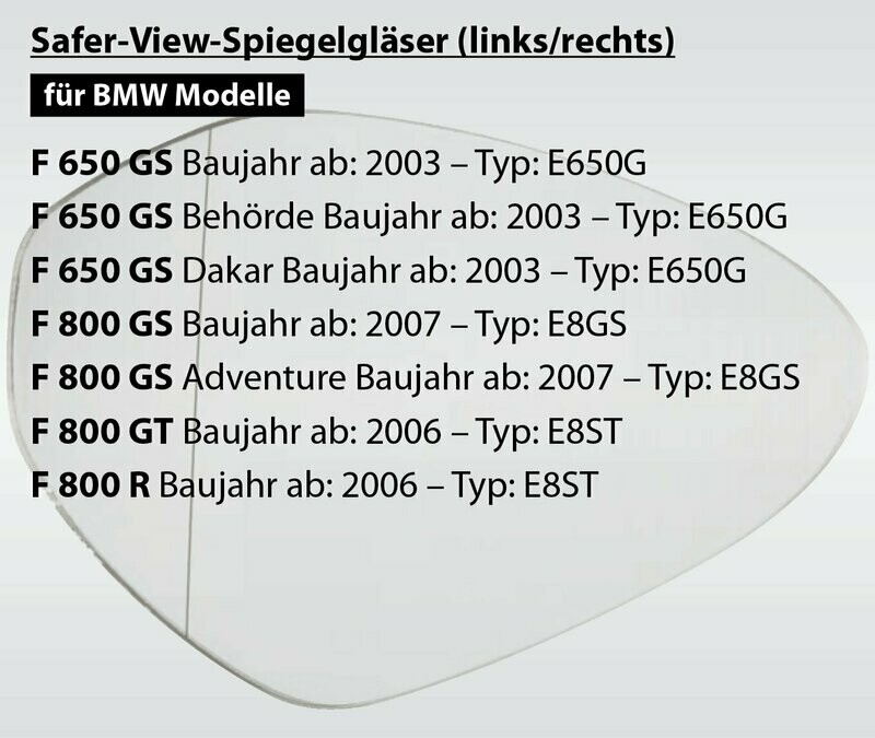 Safer-View Spiegelglas gegen den toten Winkel BMW F650 GS, F 800 GS, F800 GT, F 800 R. Artikelnummer: 0250217. Hersteller: MFW Safer-View Spiegelglas gegen den toten Winkel BMW F650 GS, F 800 GS, F800 GT, F 800 R. Artikelnummer: 0250217. Hersteller: MFW