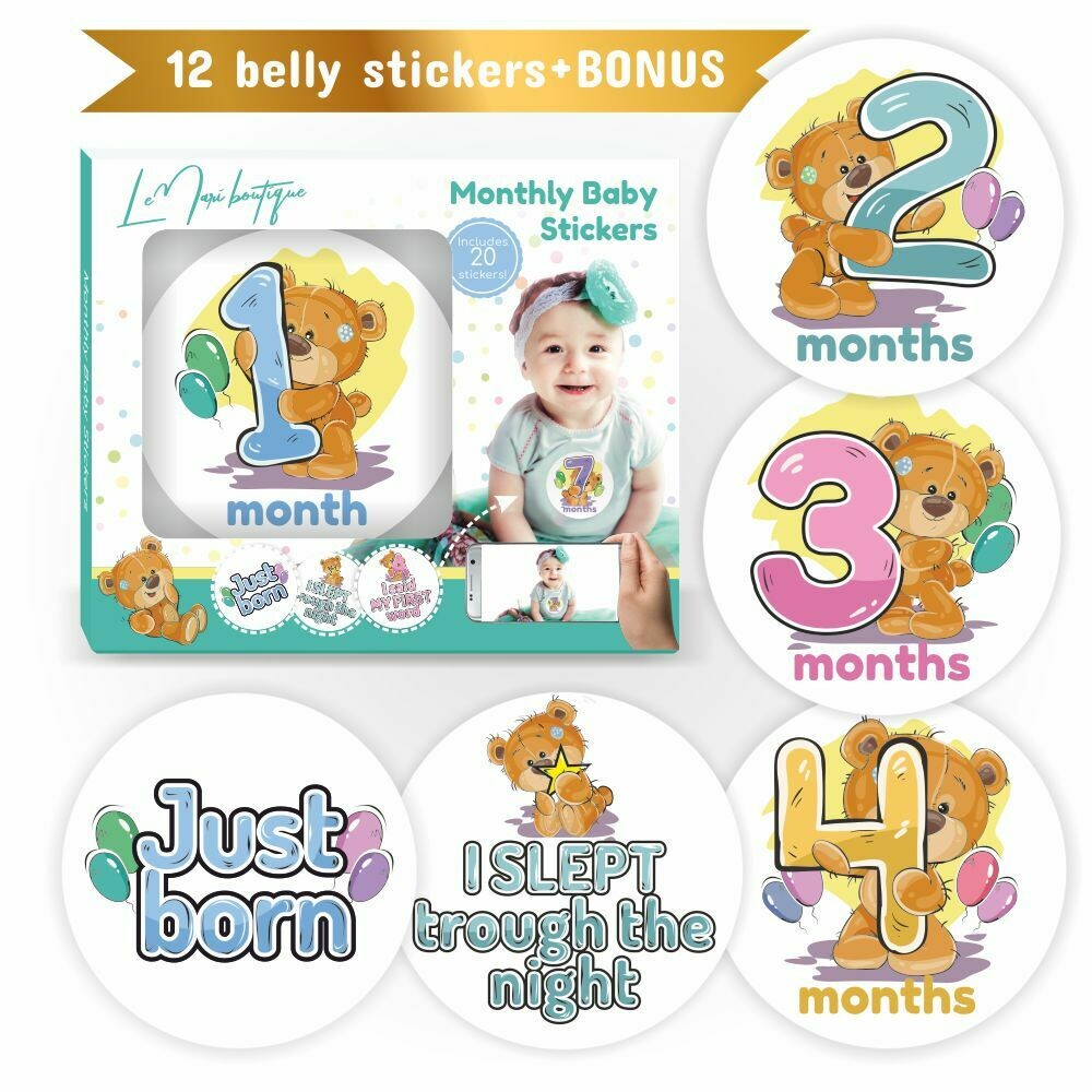 Baby Monthly Milestone Stickers - 20 Teddy Bear Onesie Stickers for First Year - 0 to 12 Months