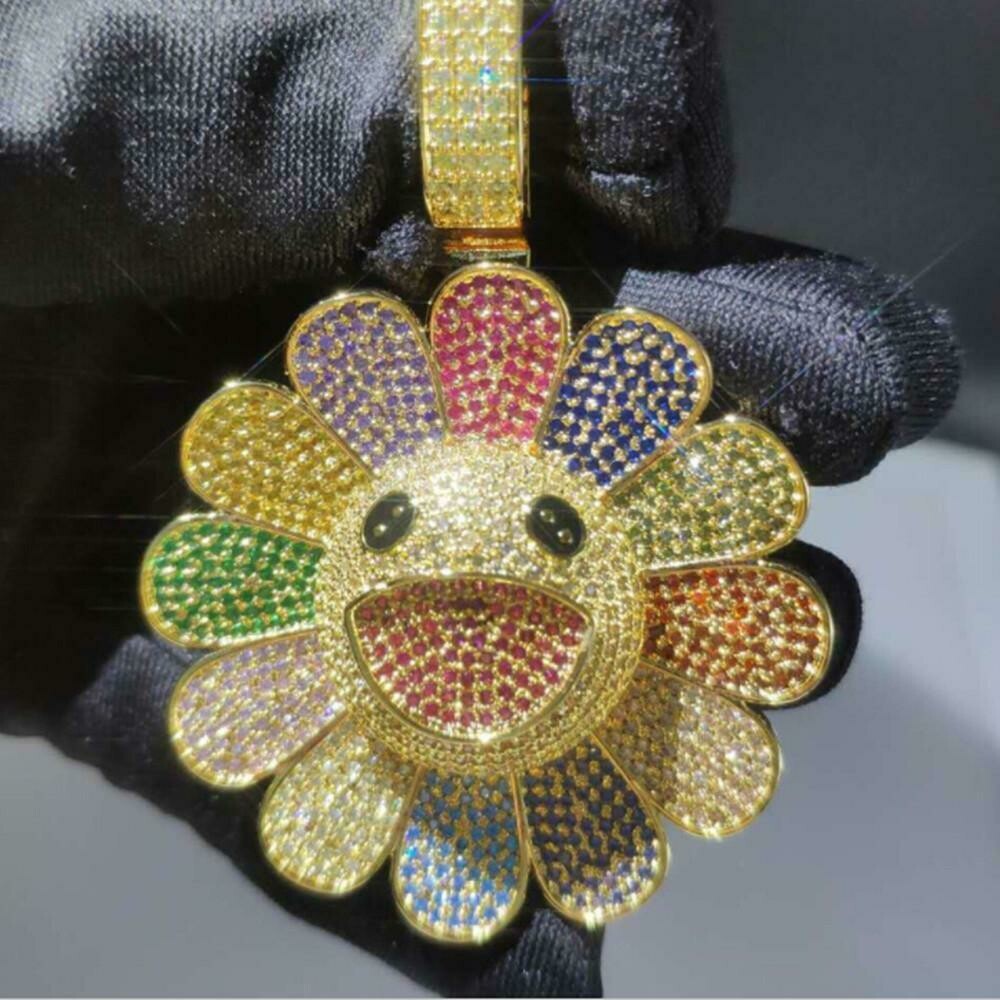 Spinning Iced Out Sunflower Pendant Necklace