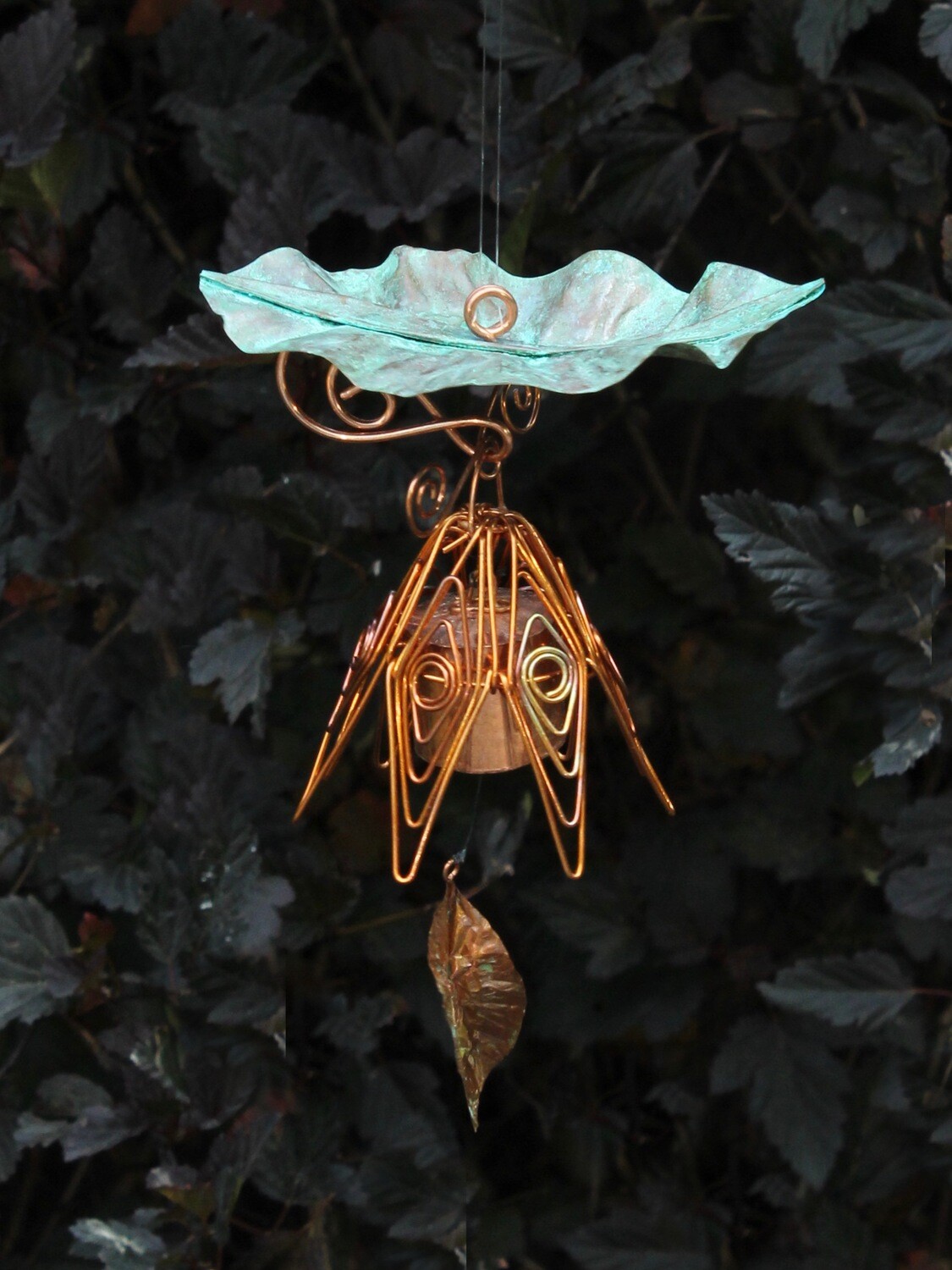 Flamed Copper Hanging Bellflower Chime with Patina Leaf