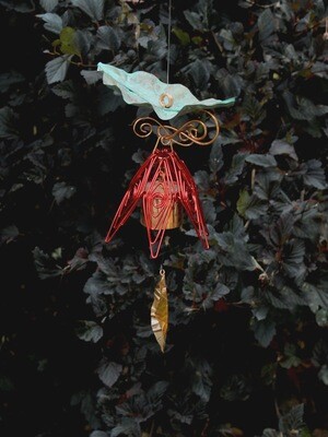 Red Hanging Bellflower Chime with Patina Leaf