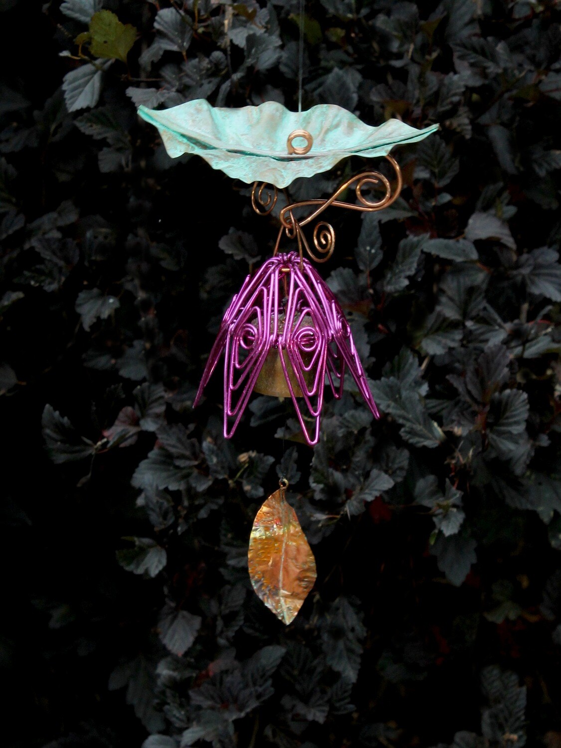 Fuschia Hanging Bellflower Chime with Patina Leaf