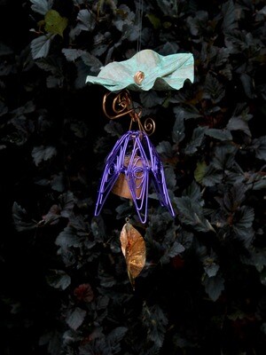 Purple Hanging Bellflower Chime with Patina Leaf