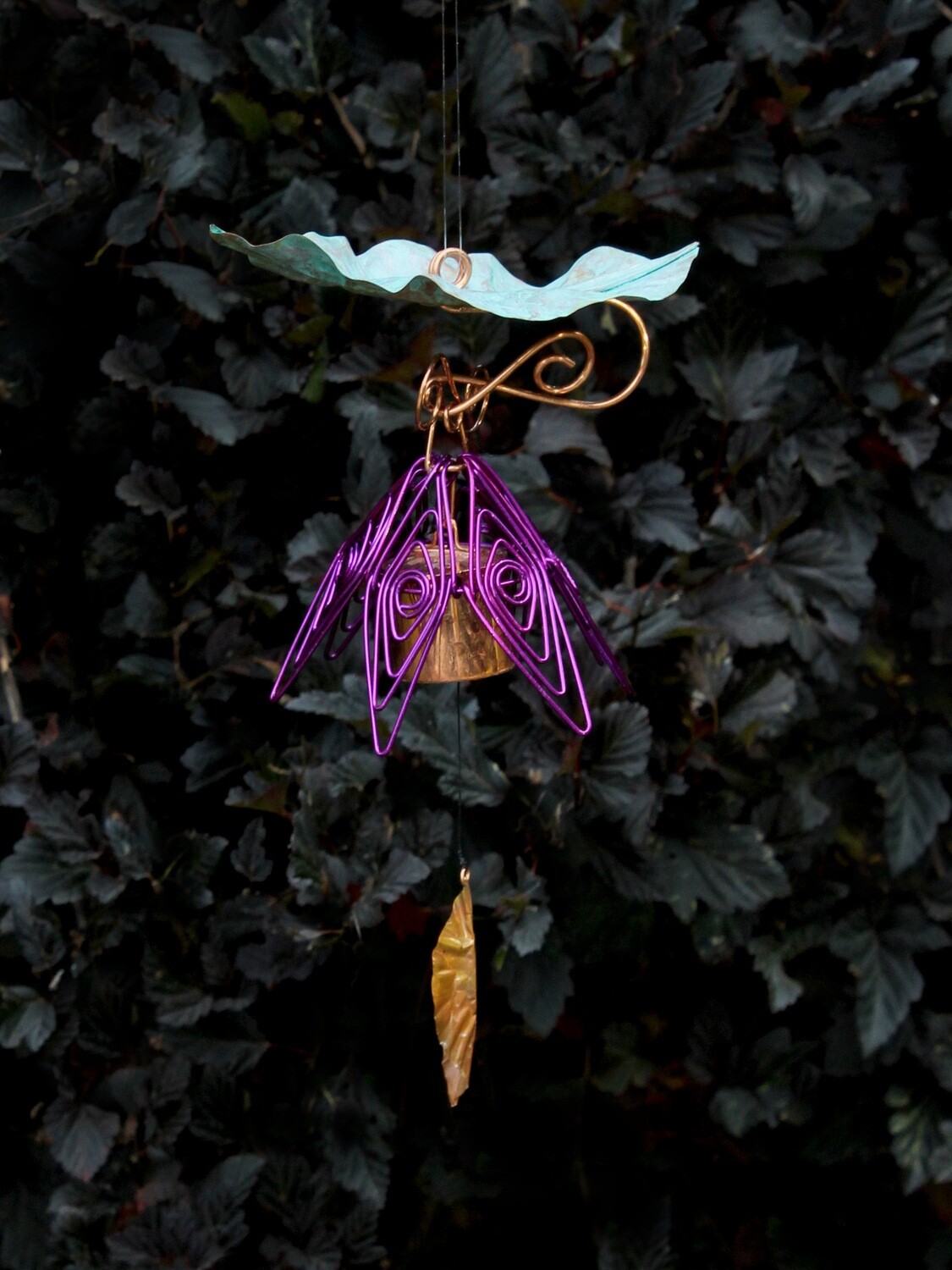 Amethyst Hanging Bellflower Chime with Patina Leaf