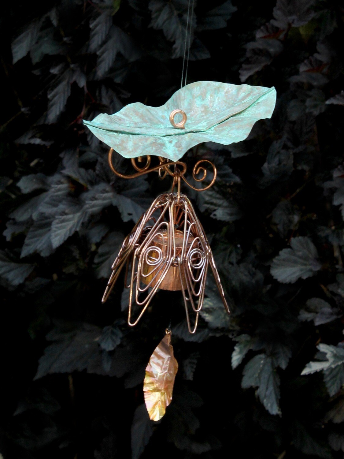 Patina Leaf Hanging Bellflower Chime-Silver Pink