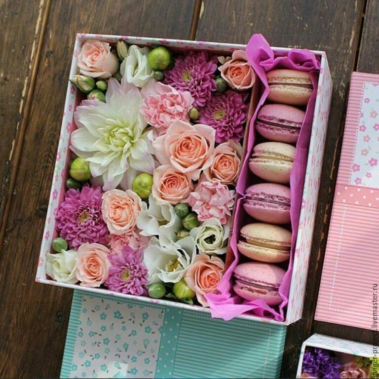 Ароматная, милая коробочка с цветами и макарунсами