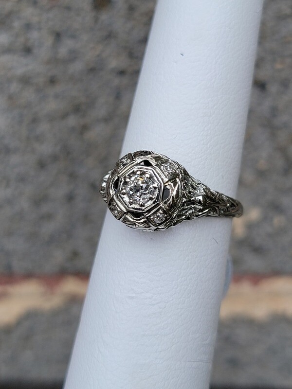 Early 1900's White Gold Filigree Ring with Diamond