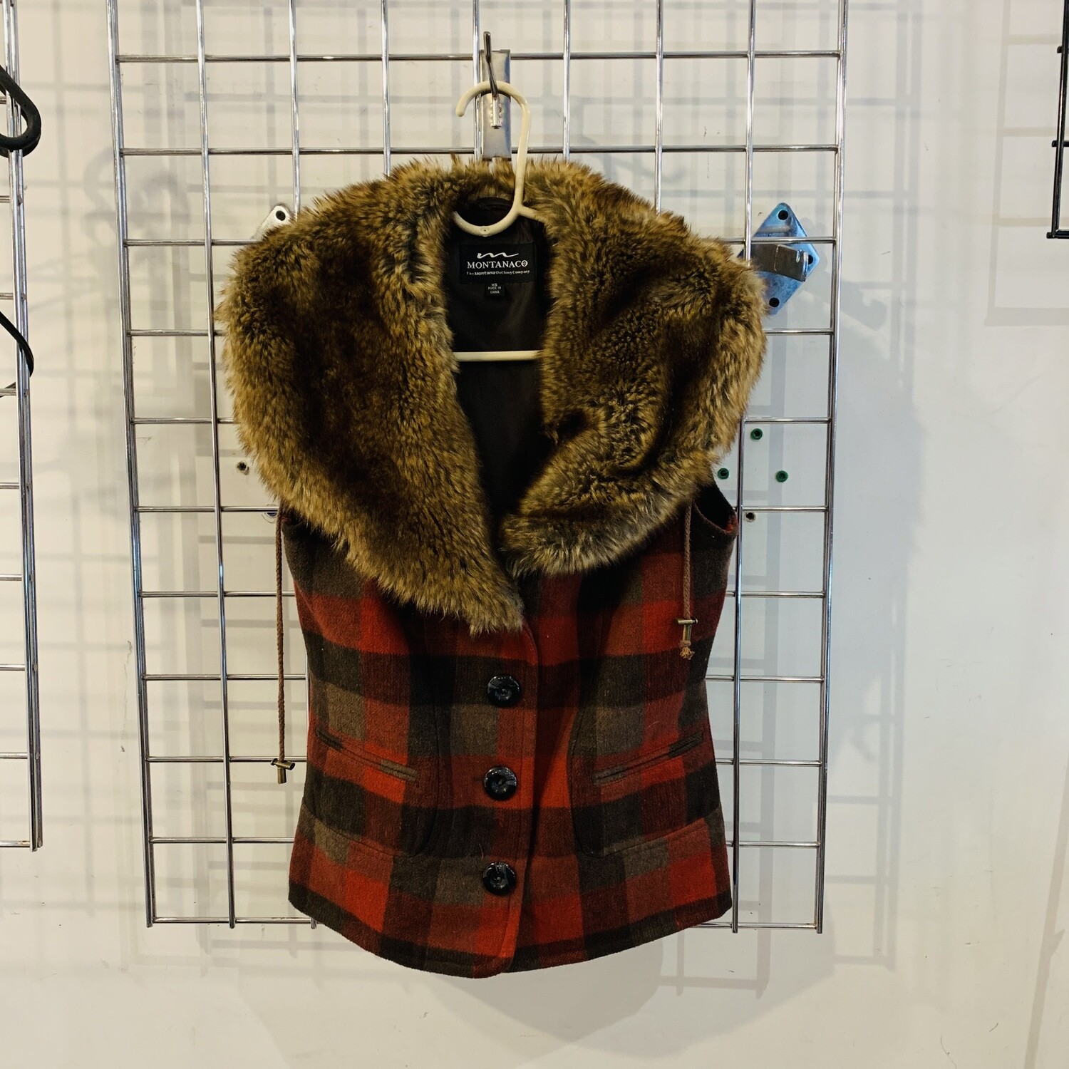 Size XS Montanaco Faux Fur Collar Plaid Vest Jacket