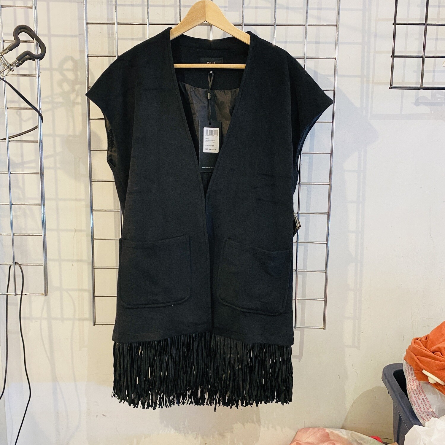 Size Small Goldie Black Wool Gilet Black Leather Fringing