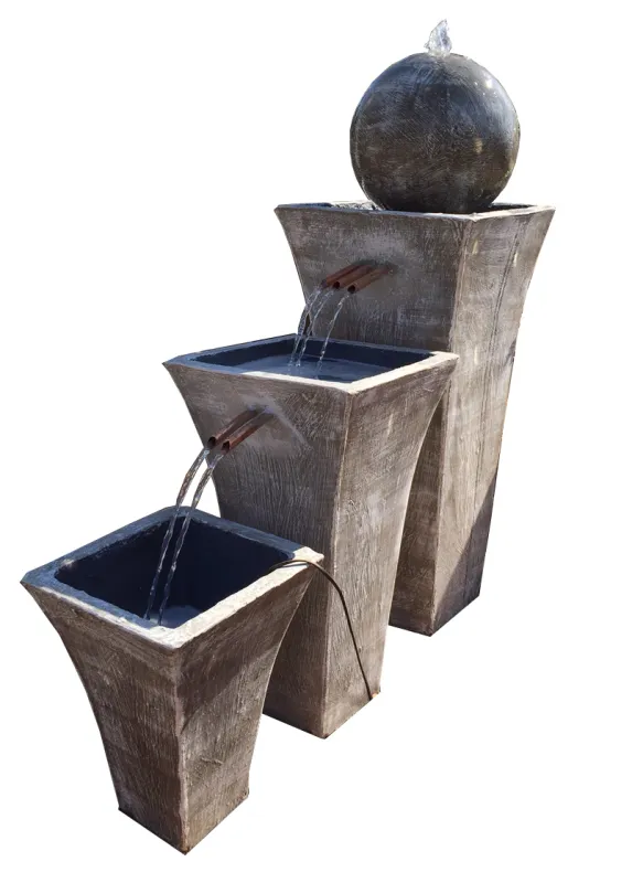 Lorraine 3 Pot Fountain With Ball Whitewash Finish - H1100mm x W400mm x L900mm (Excluding Pump)
