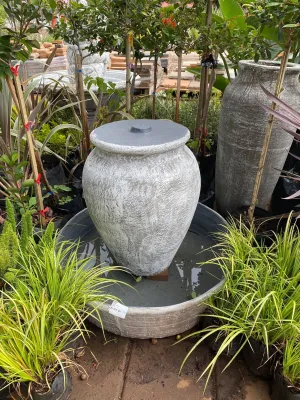 Turkish Jar Lid Fountain Large Whitewash Finish With Bowl - H700mm x W800mm - with Tubing (Excluding Pump)