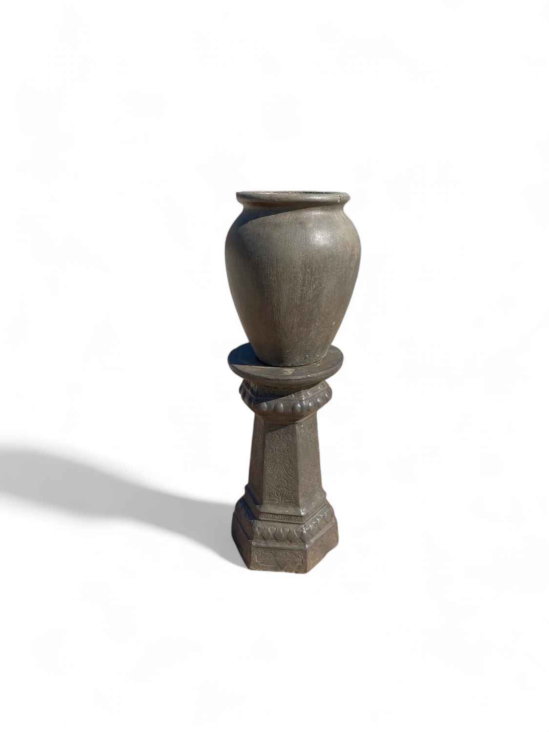 Turkish Jar Medium Weathered Grey Finish on Hexagon Pedestal Weathered Grey Finish Complete - H1.14m - 78kg