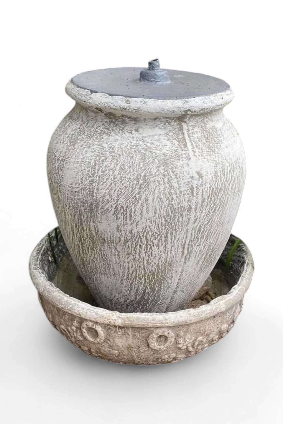 Turkish Jar Lid Fountain Medium Whitewash Finish - H530mm (Excluding Pump)