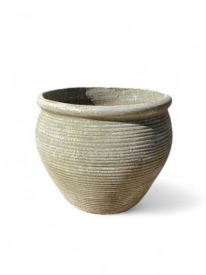 African Round Louvre Pot Medium Whitewash Finish H460mm - W660mm- Mouth 460mm - 23kg