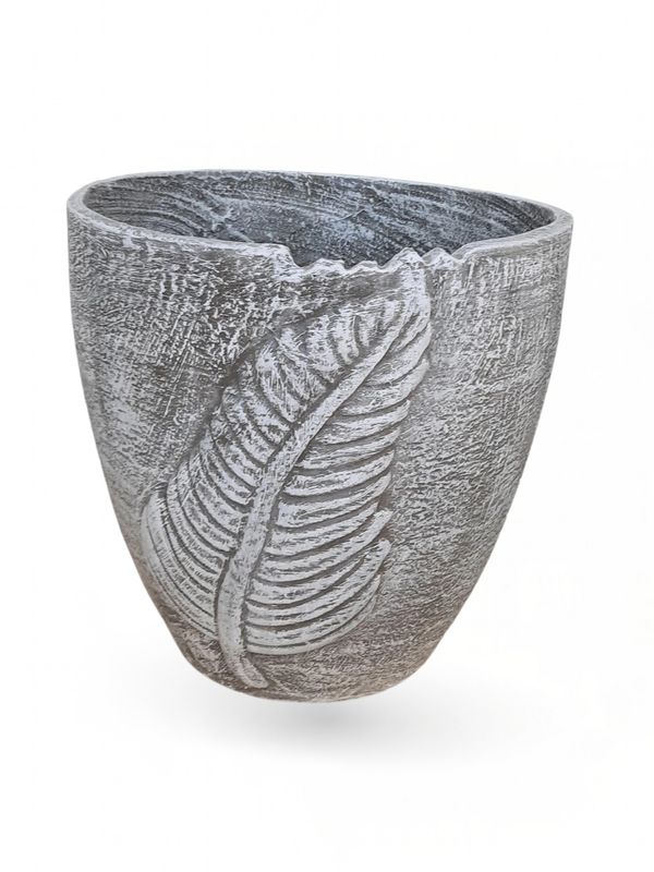 Zig Zag Leaf Pot Medium Whitewash Finish - H290mm x W275mm - 7.8kg