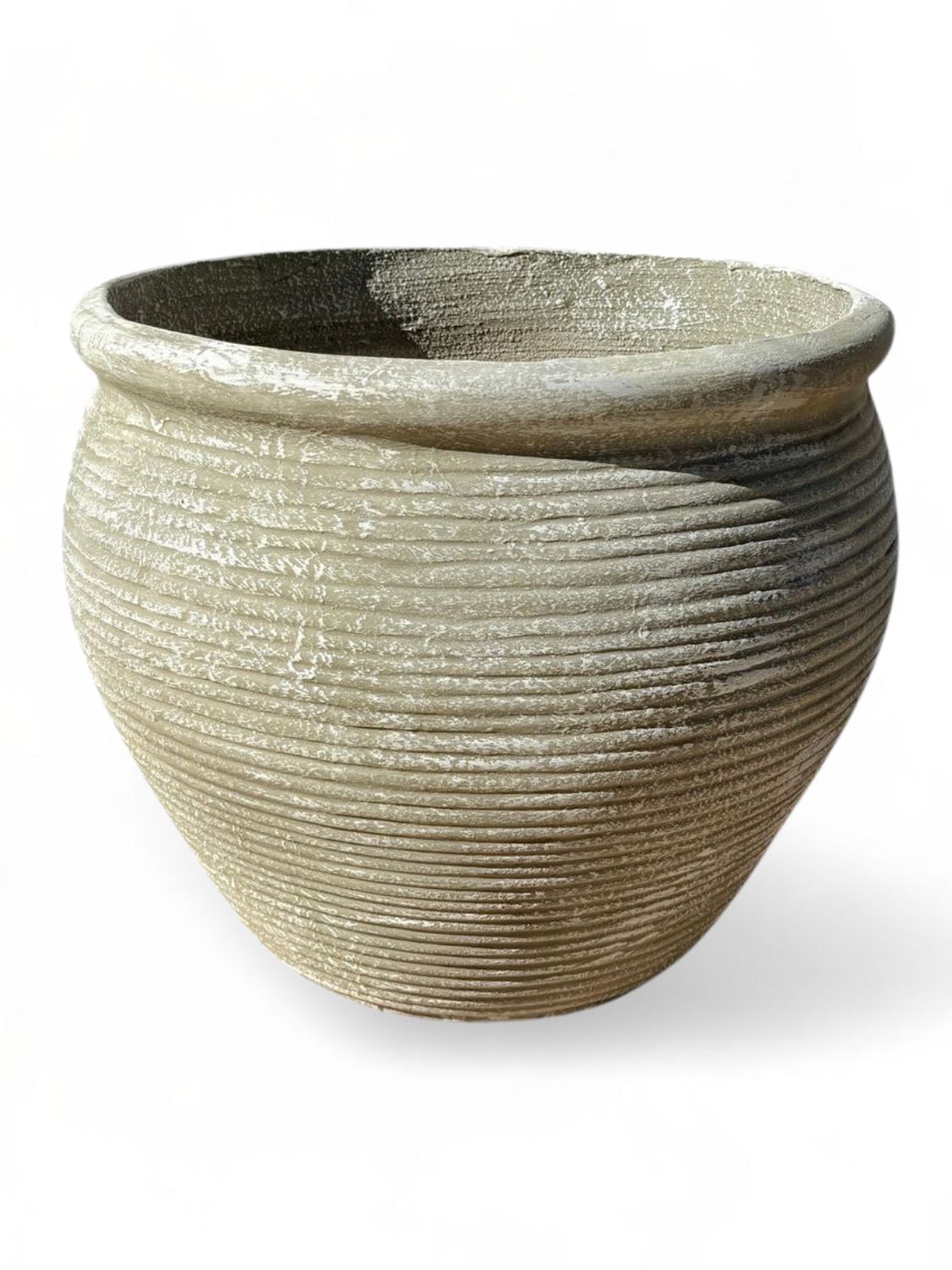 African Round Louvre Pot Medium Whitewash Finish H460mm - W660mm- Mouth 460mm - 23kg