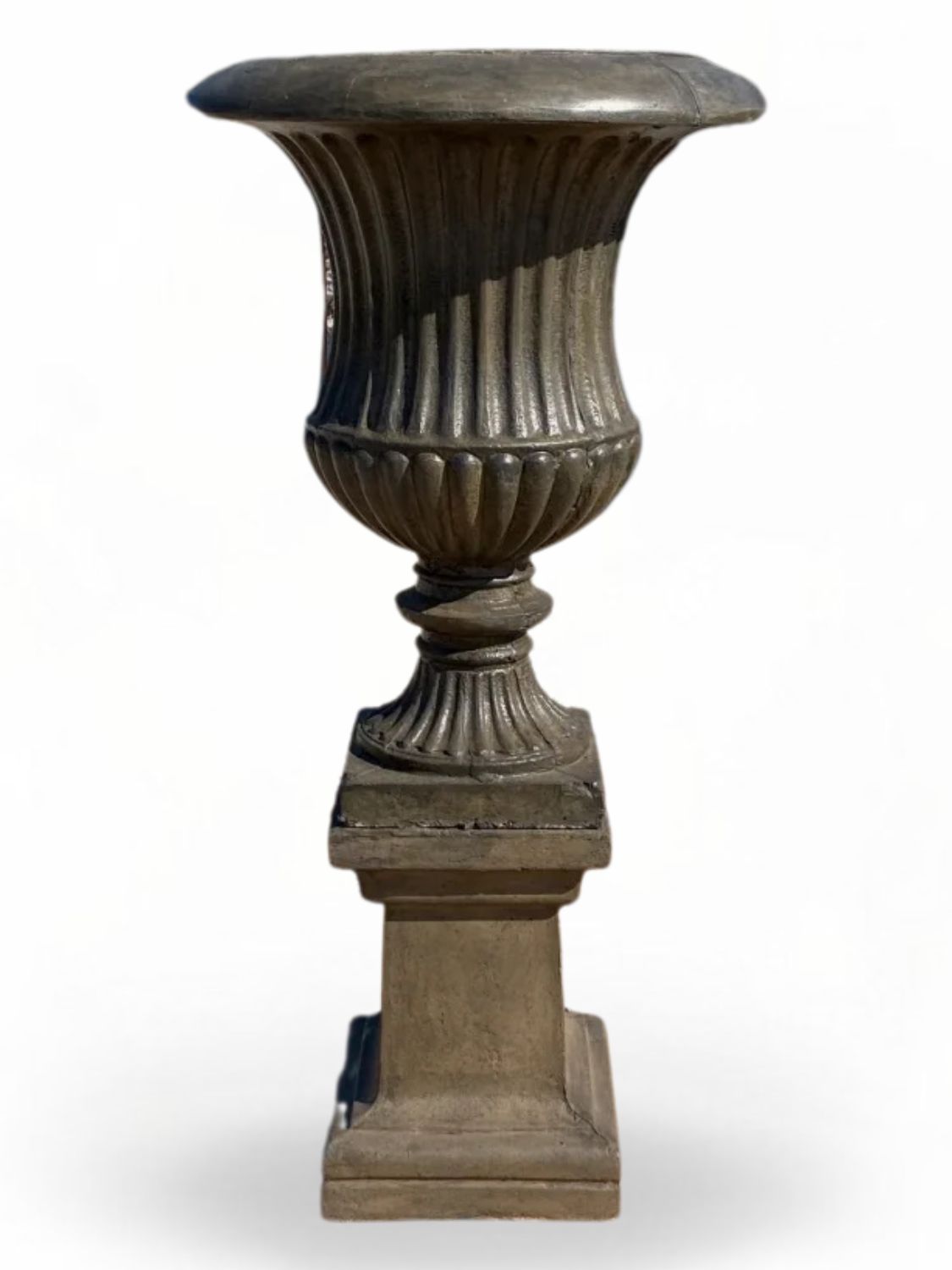 Sabrina Urn on Square Pedestal Large Weathered Grey Finish Complete - H1.39m x W330mm - 138kg