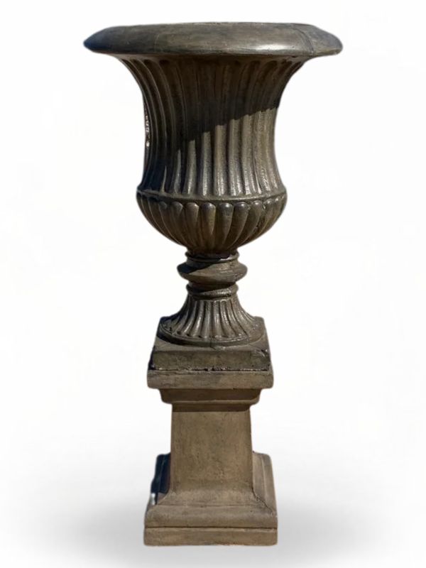 Sabrina Urn on Square Pedestal Large Weathered Grey Finish Complete - H1.39m x W330mm - 138kg