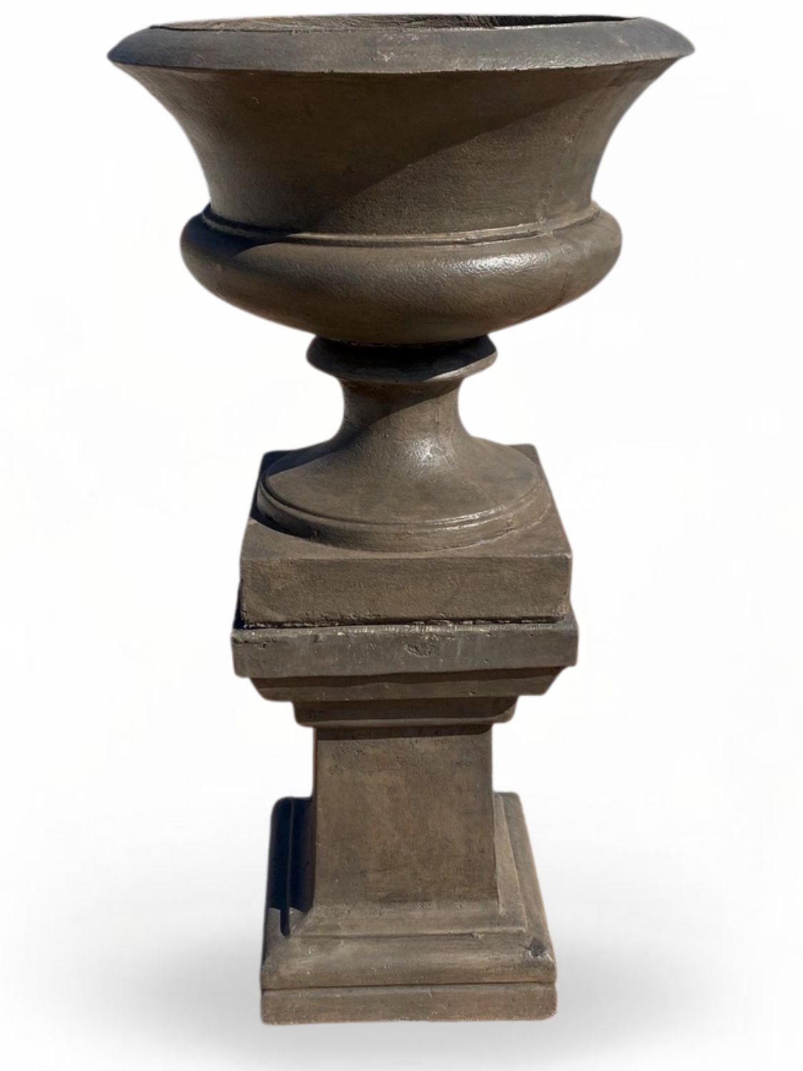 Angelica Urn Weathered Grey Finish on Square Pedestal X-Large Weathered Grey Finish Complete - H1.21m x W330mm - 93kg