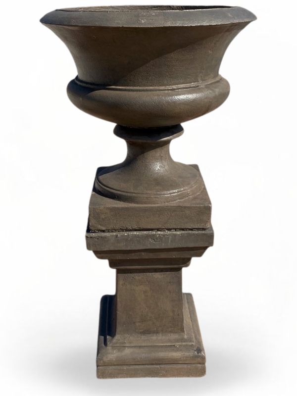 Angelica Urn Weathered Grey Finish on Square Pedestal X-Large Weathered Grey Finish Complete - H1.21m x W330mm - 93kg