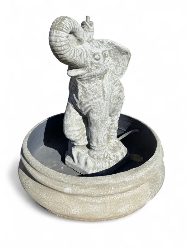 Elephant Fountain in Bowl Whitewash Finish Small H820mm-Bowl- H260mm-W690mm