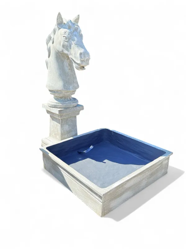 Horse Fountain with Square Fountain Bowl and Large Square Pedestal Whitewash Finish H1400mm-Bowl- W805mm