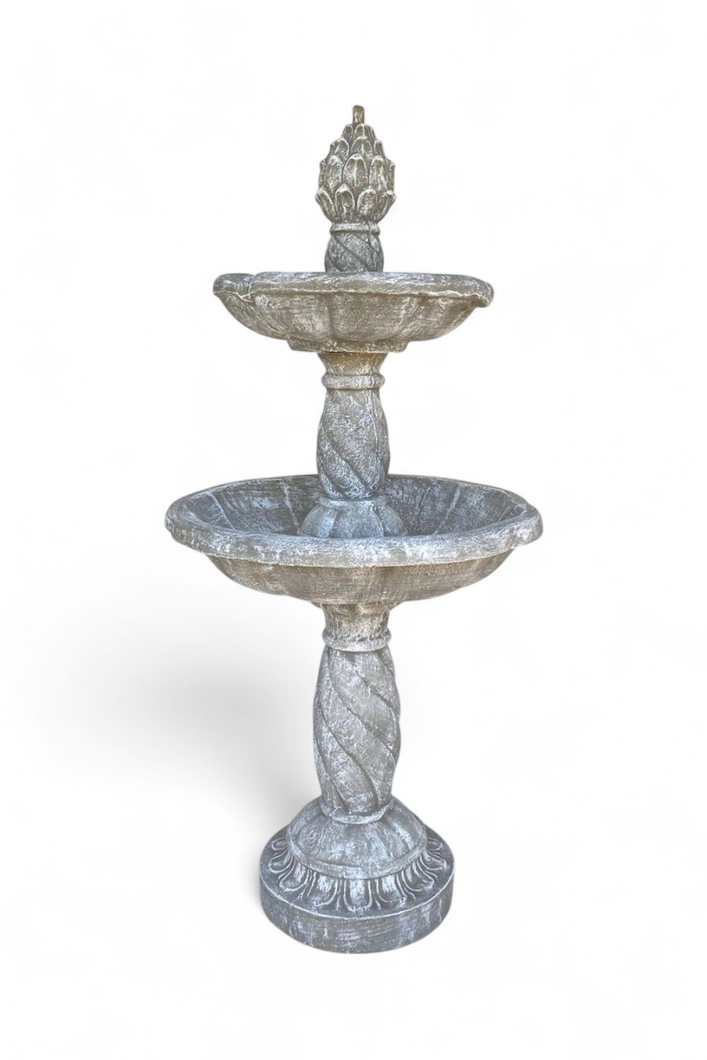 Two Tier Acorn Fountain Whitewash Finish Large - H:1520mm W:680mm - with Tubing (Excluding Pump) - 117kg