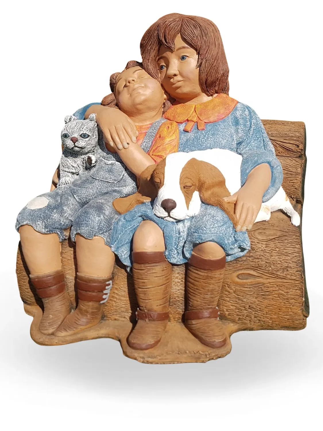 Painted Boy &amp; Girl On Bench Length:450mm Width:550mm Height:600mm