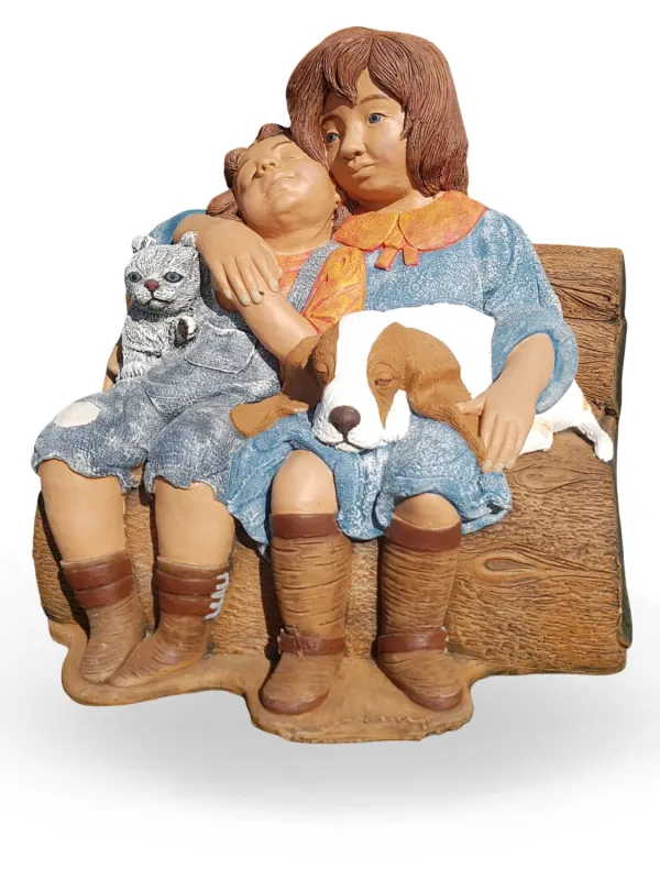 Painted Boy &amp; Girl On Bench Length:450mm Width:550mm Height:600mm