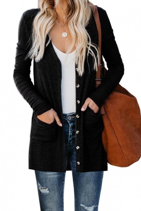Black Button Down Pocketted Cardigan