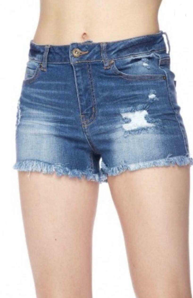 Distressed Denim Shorts - Blue
