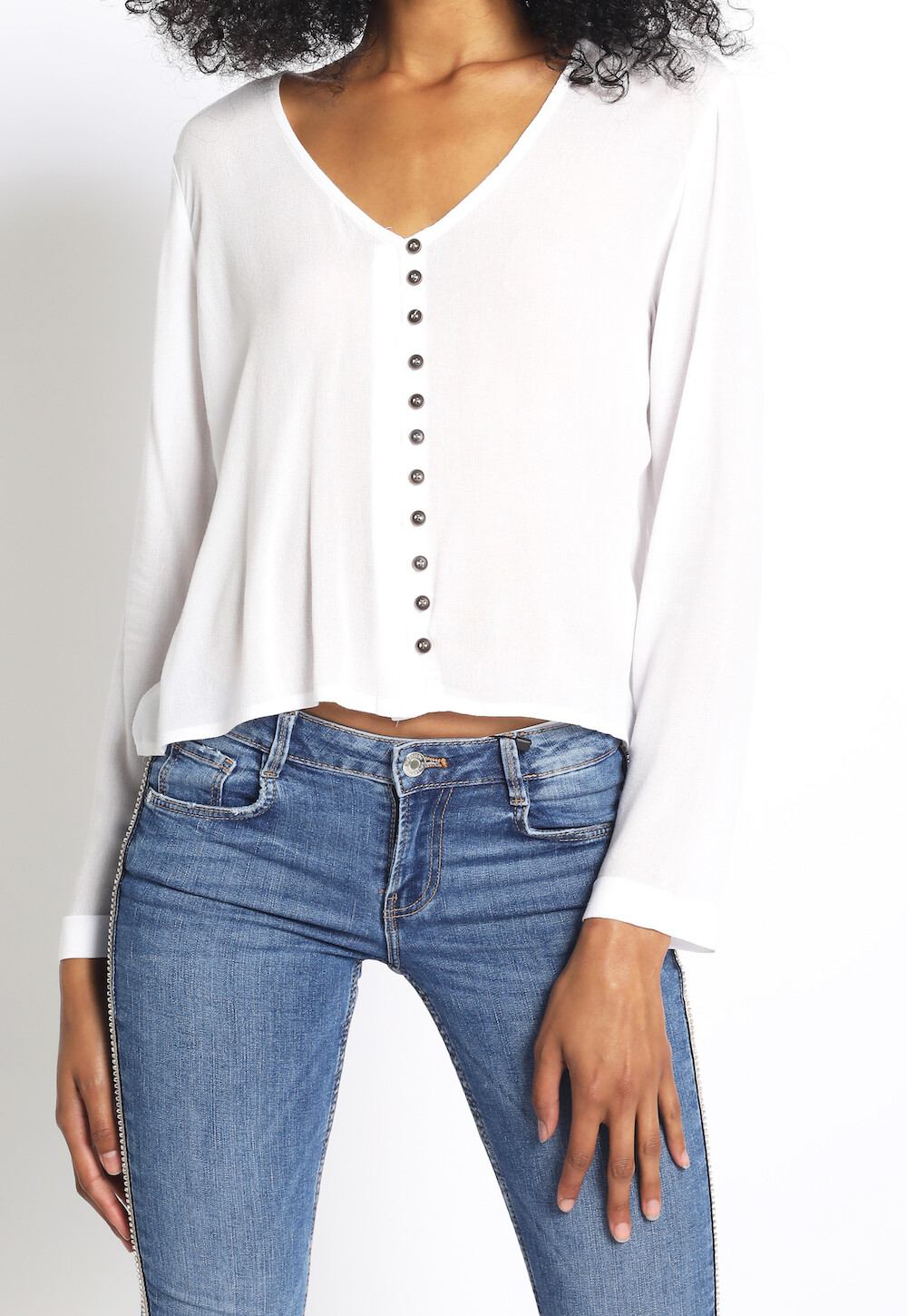 L/S Crepe Button Top - White