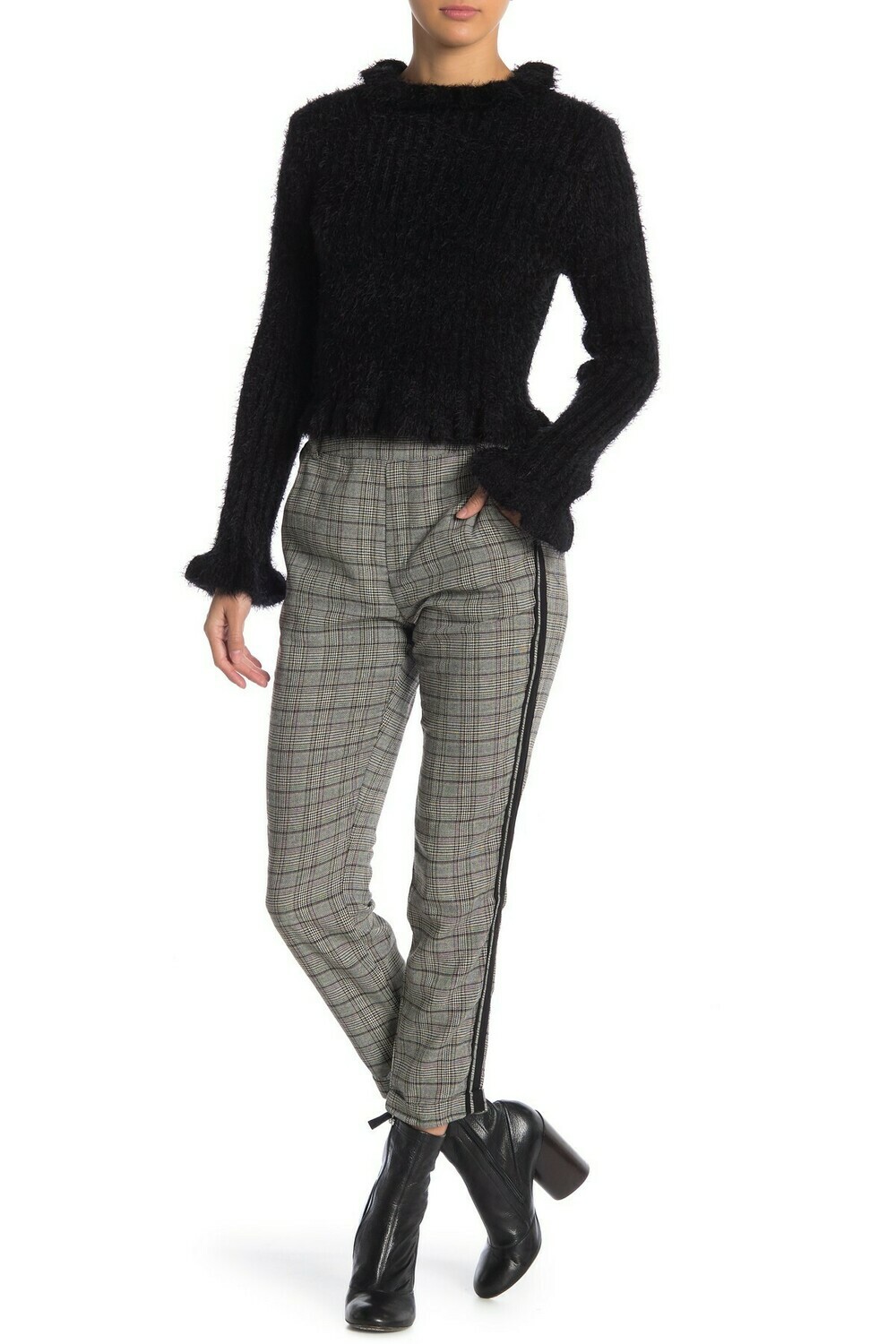 Poly Woven Plaid Side Striped Pants