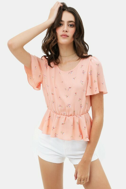 Flower Print V-Neck Peach Top