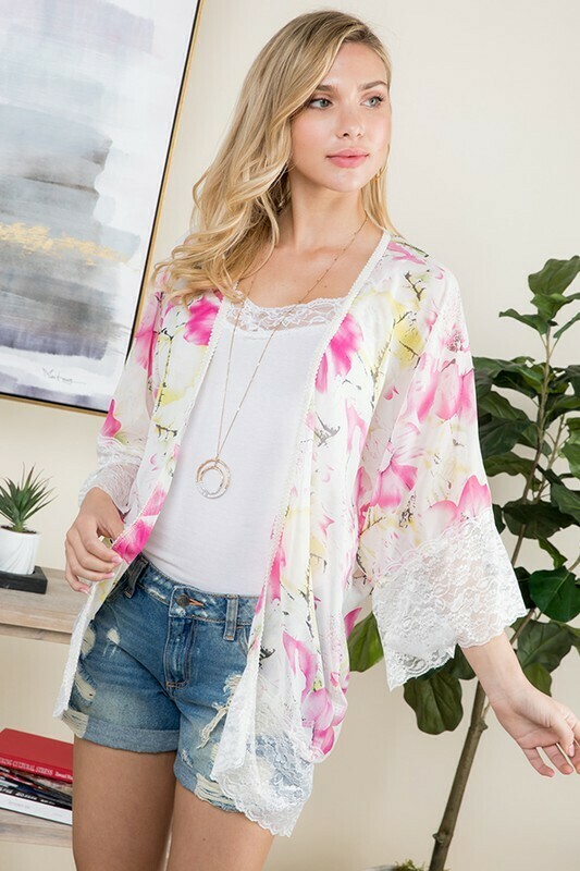 Floral Printed Lace Kimono Pink