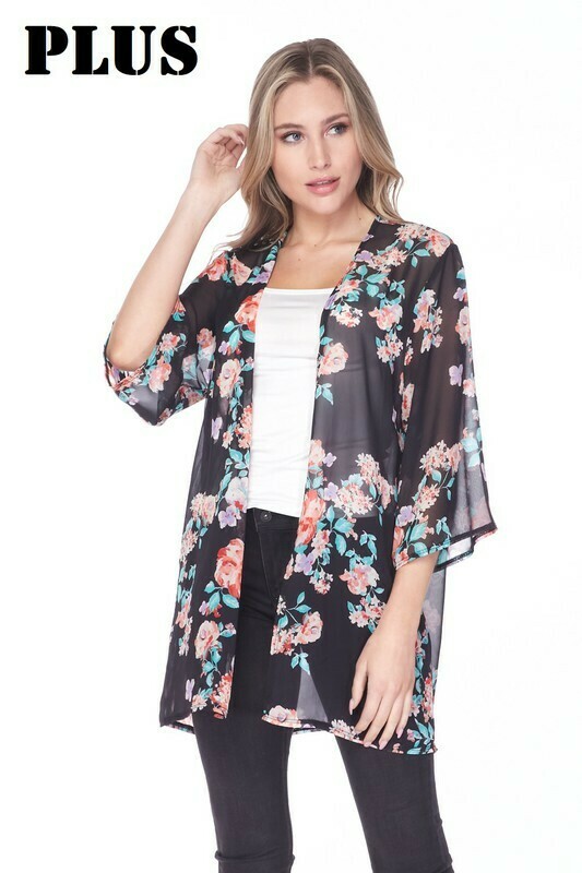 Plus Black Print Kimono